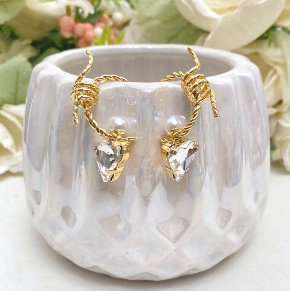 Gold hoop clear statement earrings faux crystal pearl heart edgy Jewelry